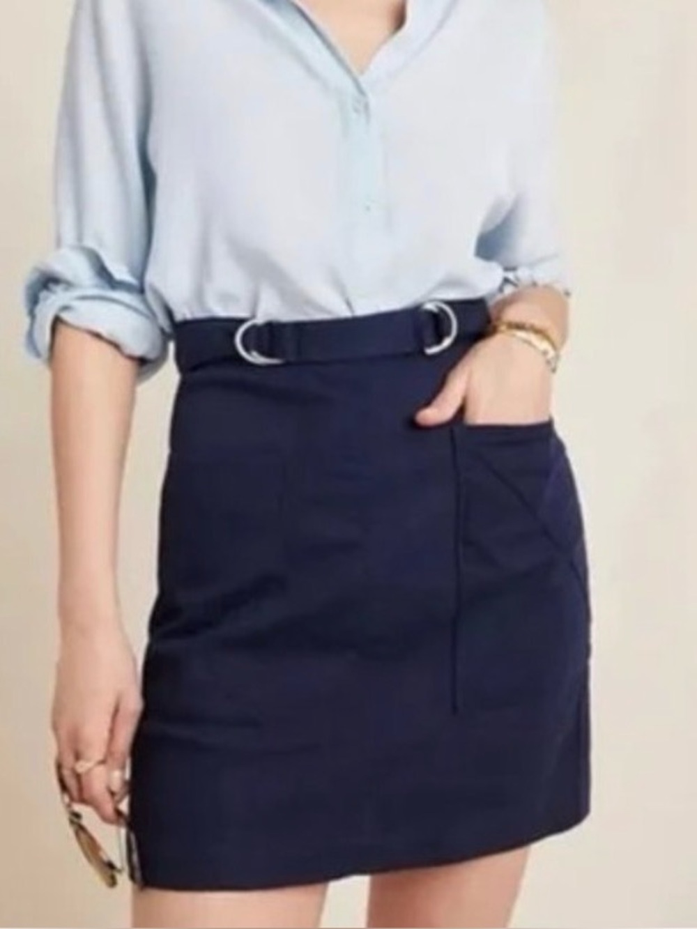 Anthropology Pilcro and the Letterpress Navy Blue Mini Skirt Pockets Buckle Sz 6